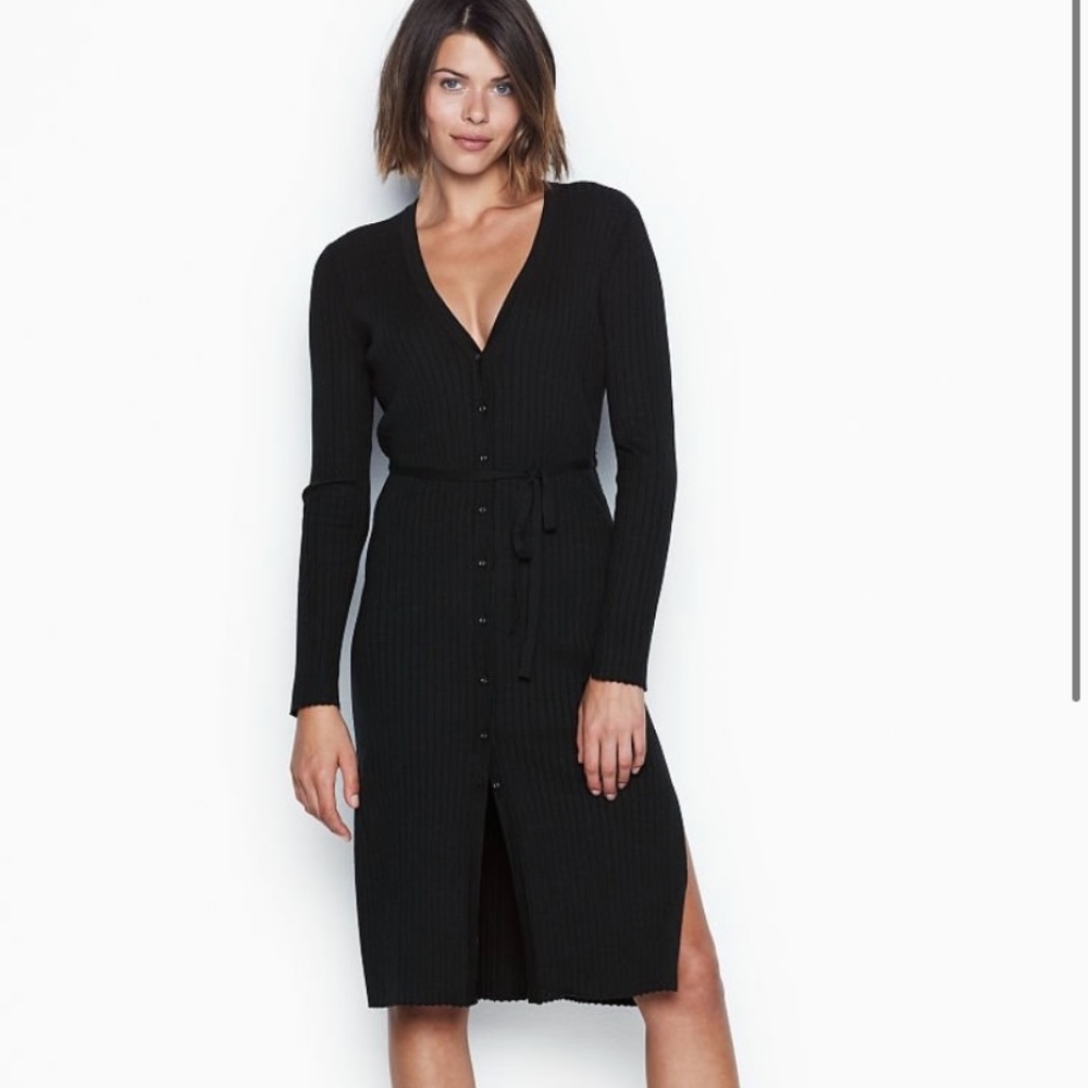 Victoria's Secret  Cardigan Sweater Tie-front Duster Dress in Black XS Like New